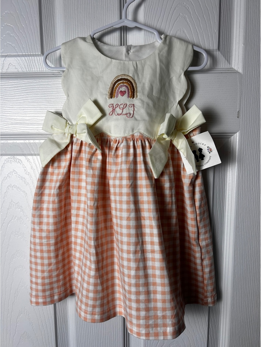 Awe Smocks Baby Dress with Peach Gingham Skirt and Embroidered Rainbow Monogram